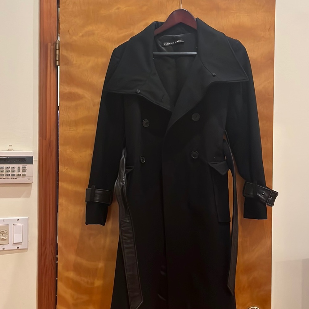 Andrew Marc wool coat with 2 leather belts one with buckle  lined